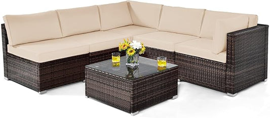 Tangkula 6 Pieces Patio Furniture Set, Outdoor Wicker Conversation Set with Glass Coffee Table, Wicker Sofa Set with Back & Seat Cushions, Rattan Sectional Conversation Set for Backyard Garden