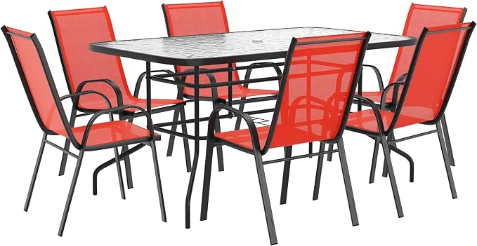 EMMA + OLIVER Seven Piece Indoor/Outdoor Dining Set - Metal Table with Tempered Glass Top - Six Red Flex Comfort Chairs- Umbrella Hole - All Weather