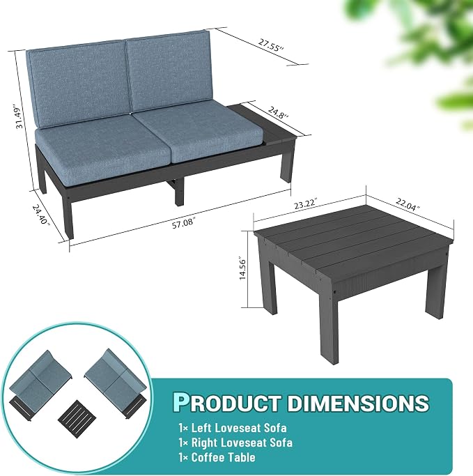Domi HDPE Outdoor Patio Sofa Set, 3-Piece Modern Conversation Set with Left & Right Sofas, Cushioned Sectional Seating and Coffee Table for Backyard, Porch, Deck & Garden,Grey