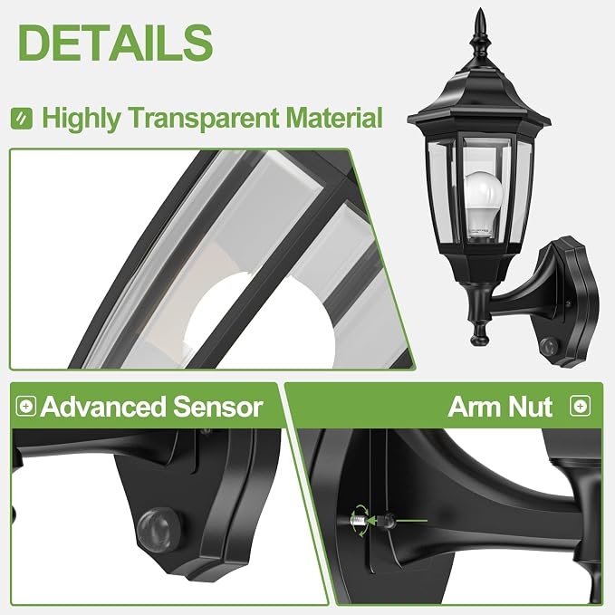 EMART Dusk to Dawn Plastic Outdoor Wall Light Fixtures(2 Pack, Black) | Include Bulbs, Waterproof and Anti-Corrosion, Wall Mount Porch Sconces for Outside, Garage, Front Door, House, Patio