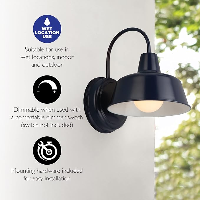 Design House Mason Farmhouse Gooseneck Barn Light, Outdoor Exterior Porch or Patio Wall Light Fixture, Navy, 8 Inch Diameter, 1-Pack, 579334 | Wall Mount, Modern Farmhouse, Steel, Lighting, 579334