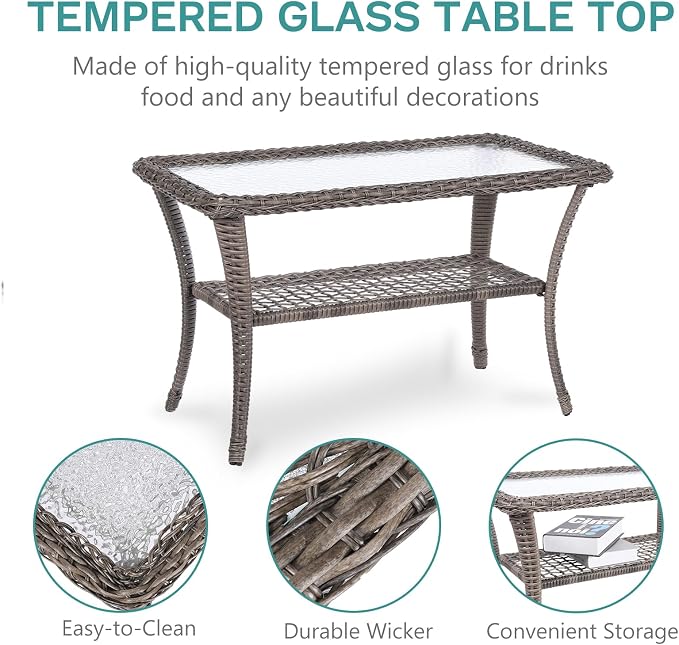 MEETWARM 7-Piece Outdoor Patio Conversation Set with Glider Loveseat, 4 Chairs, 2 Glass-Top Coffee Tables and Wicker Rocking Glider - Thickened Cushions, Gray