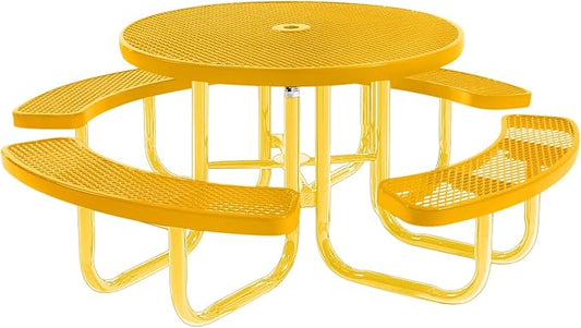 COATEDOUTDOORFURNITURE Heavy-Duty Portable Outdoor Picnic Table with Umbrella Hole, Expanded Metal Commercial-Grade Patio Furniture Made in America (46" Round Top, Yellow with Yellow Frames)