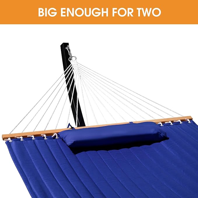 Lazy Daze Hammocks 12 FT 2 Person Quilted Hammock with Black Curved Metal Heavy Duty Stand and Pillow for Outside, Backyard, Patio, 450 Lbs Capacity, Blue