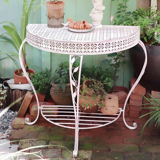 Outdoor Half-Moon Patio Console Table, 2 Tier Iron Half Round Garden Porch Table, Antique All-Weather Mid Century Tables(White)