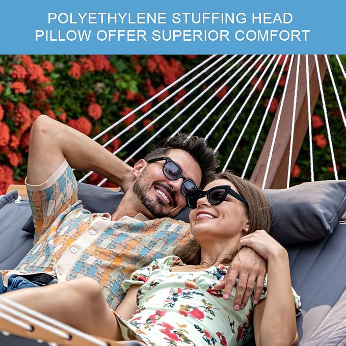 Lazy Daze Hammocks 12 FT Double Quilted Fabric Hammock with Spreader Bar and Detachable Pillow, 2 Person Double for Outside Patio Poolside Backyard Beach, 450lbs Capacity, Gray