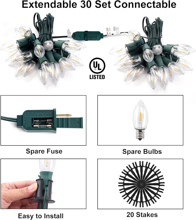 TIORIY Christmas Pathway LED Lights Outdoor, 20 Lights C9 Walkway Lights with Stakes, 24.2ft Clear Driveway Christmas Lights for Pathway, Warm White, Extendable for Outdoor Decorations