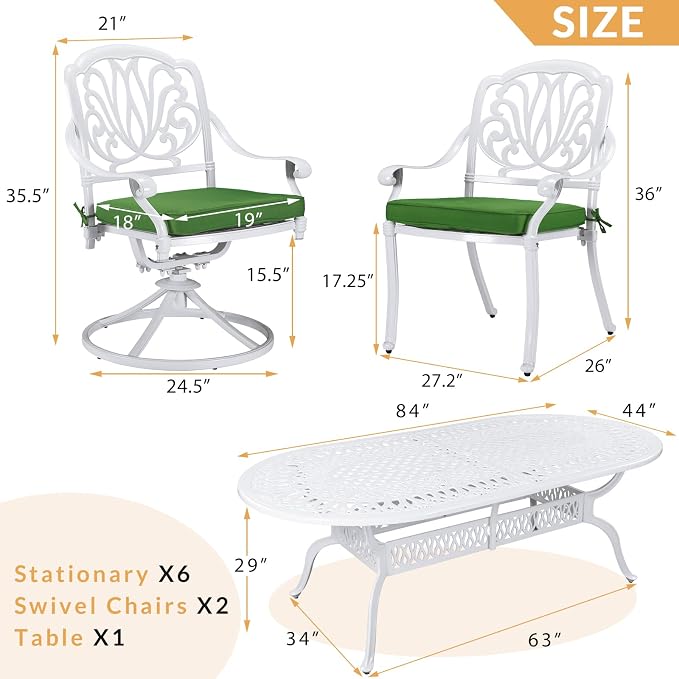 9-Piece Patio Dining Set, Outdoor Patio Table and Chair Set of 84” Oval Cast Aluminum Dining Table with Umbrella Hole, 6 Stationary, 2 Swivel Rocker Chairs, Patio Funiture Set, White
