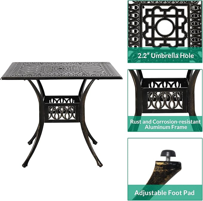 VIVIJASON 5-Piece Outdoor Patio Dining Set, All-Weather Cast Aluminum Conversation Set, Patio Furniture Set for Balcony Lawn Garden, Include 4 Cushioned Chairs, a 35.4" Square Table w/Umbrella Hole