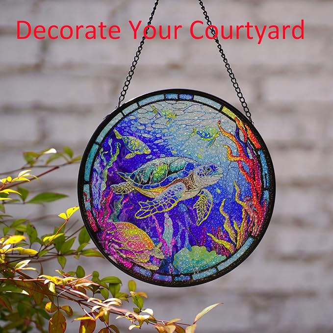 Hanging Stained Glass for Windows,20cm/7.87 inch Turtle Hand-Painted Glass Panel Window Hanging Suncatchers Christmas Ornaments Home Courtyard Decor,Housewarming Gift (Style B)