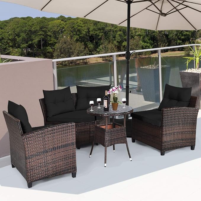 Tangkula 4-Piece C Shape Patio Furniture Set, Outdoor Corner Wicker Rattan Sectional Cushioned Sofa Set, with Glass Coffee Table, for Garden Poolside Balcony (Black)