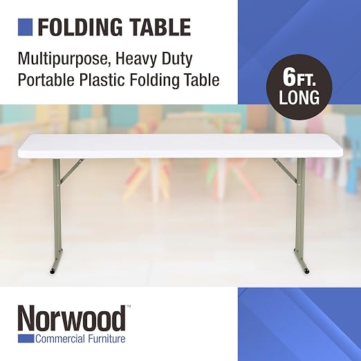 Norwood Commercial Furniture 6' Indoor/Outdoor Folding Training Table, Rectangular Blow-Molded Plastic Folding Training and Event Table, White