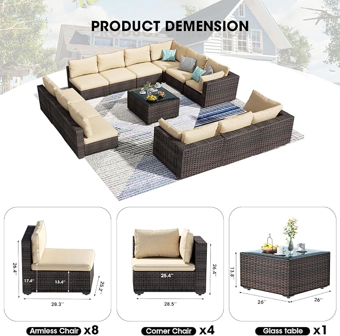 13 Piece Patio Furniture Set All Weather PE Rattan Outdoor Sectional Sofa Couch with No-Slip Cushions and Glass Top Table for Garden, Poolside, Backyard (Beige)