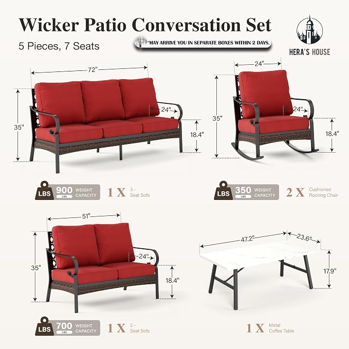 HERA'S HOUSE 5 Piece Metal Patio Furniture Set, 7 Seats All Weather Outdoor Conversation Set, 3 Seat Sofa with Loveseat, 2 Rocking Chairs, Coffee Table for Backyard, Garden, Deck, Red