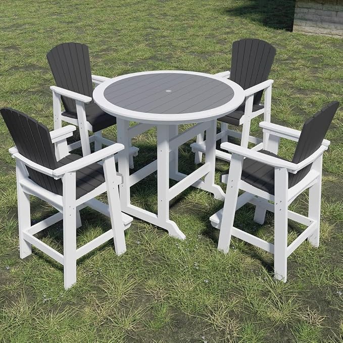 Outdoor Bar Height Table and Chairs Set of 5, Round Counter Bar Table with 1.96" Umbrella Hole, 4 Pcs Tall Adirondack Chairs Bar Stools with Arm, Patio Dining Set for Backyard Deck Balcony Front Porch