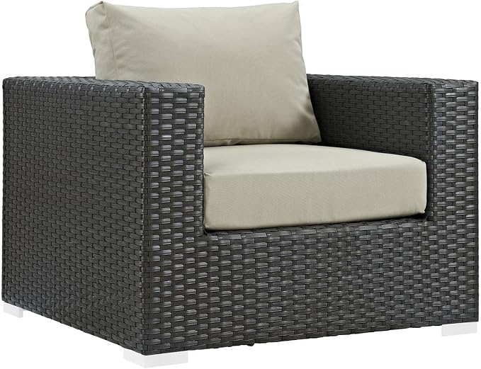 Modway Sojourn Wicker Rattan 8 Piece Outdoor Patio Sunbrella Sectional Set in Canvas Antique Beige