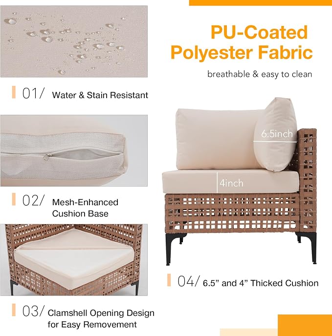 Patiorama 7 Piece Wicker Patio Furniture Set, Natural-Colored PE Rattan Outdoor Conversation Set Sectional Sofa with Water Resistant Cushion and Glass Table, Outdoor Couch, Porch, Backyard-White