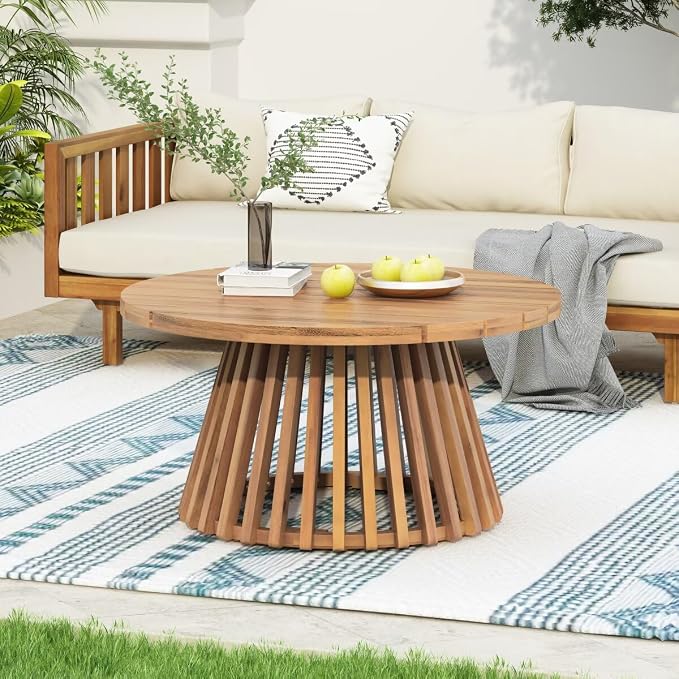 JIJIWANG 31.5" Outdoor Acacia Wood Patio Coffee Table for 2-4 Person, Round Coffee Table for Backyard, Lawn, Balcony, Light Teak