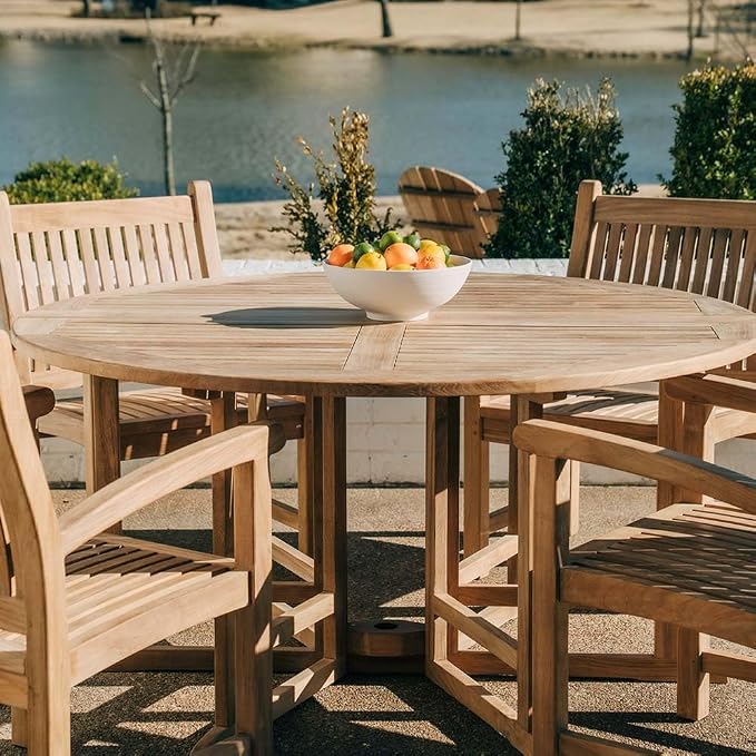 TITAN GREAT OUTDOORS Ash & Ember Luna Grade A Teak 59" Round Dining Table, Drop Leaf Design, Indoor Outdoor Patio or Porch Dining, Weather Resistant Solid Wood with Umbrella Hole