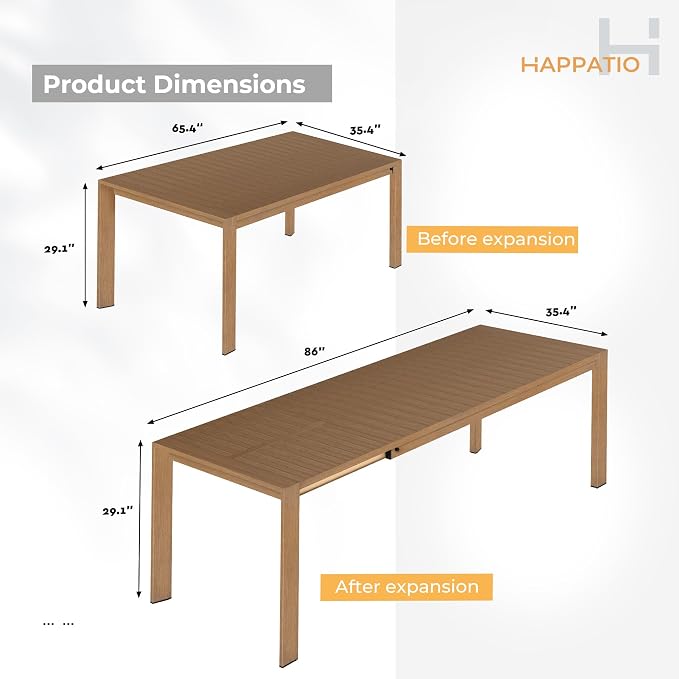 HAPPATIO Expandable Aluminum Outdoor Dining Table,Wood-Like Aluminum Rectangular Table for 4-8 Person,Large Rectangular Table with Safe Lock for Patio, Deck, Backyard, Porch