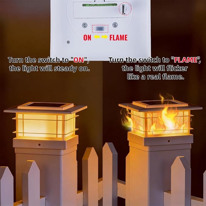Dynaming 6 Pack Solar Post Cap Lights Outdoor with Flickering Flame Light, White Shell Fence Post Solar Lights Fit 4x4 5x5 Vinyl/Wooden Posts, Brightness LED Lighting Decor for Garden Deck Patio