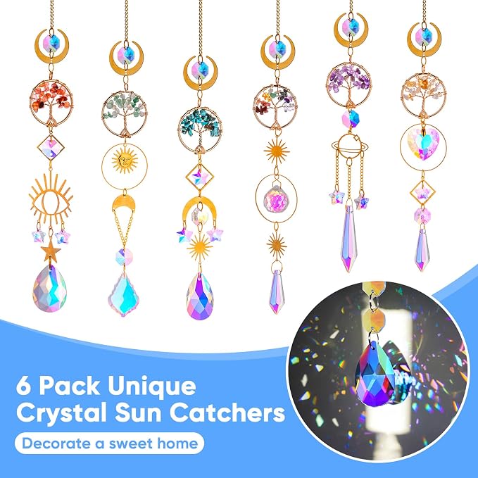 BlumWay Crystal Suncatcher, Hanging Suncatchers with Crystals Light, 6 PCS | Sun Catchers Indoor Window, Crystals Prism Light Catcher, Tree of Life, Crystal Suncatchers Indoor Outdoor, Home Garden Decor