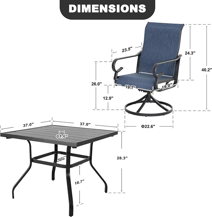 NUU GARDEN 5-Piece Breathable Textilene Outdoor Dining Set, Slatted Outdoor Table and Chairs with Swivel Base, All Weather Patio Furniture Set with Umbrella Hole for Backyard, Garden, Blue