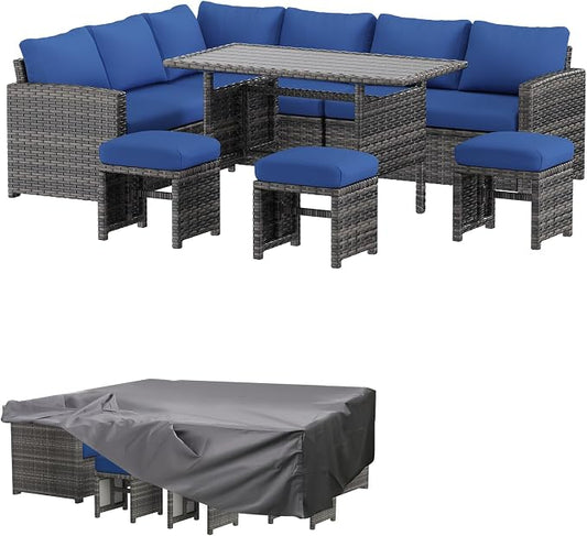 AECOJOY Outdoor Patio Furniture Set with Waterproof Cover, 7 Pieces Clearance Sectional Rattan Dining Table&Chairs, All Weather Wicker Conversation Sofa Couch, Dark Blue Cushions&Grey Rattan