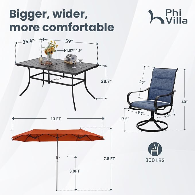 PHI VILLA 8 Piece Patio Dining Set with 13ft Patio Umbrella (Orange Red), 6 Outdoor Padded Swivel Dining Chairs & 1 Large Metal Dining Table for Lawn Garden Backyard (No Umbrella Base)