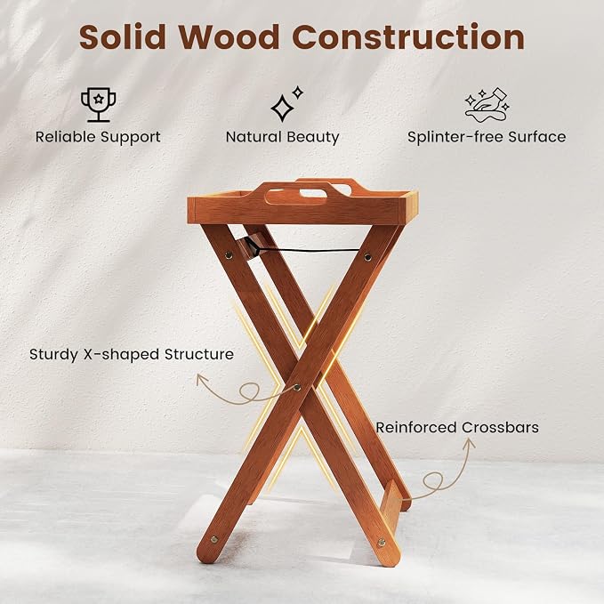 Tangkula Outdoor Wood Tray Table, Patio Portable Side End Table with Removable Serving Tray and Folding Frame, Outside Coffee Bistro Furniture for Porch, Balcony and Garden (2)