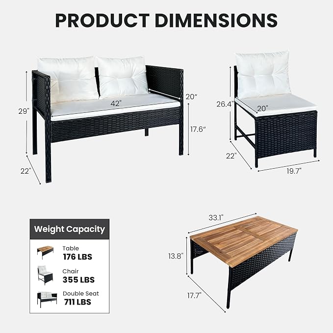 GIANGSUNNY 4 Piece Patio Furniture Set with Acacia Wood Table, Outdoor Hand-Woven Wicker Rattan Conversation Set, Weather-Resistant Seating for Patio, Balcony, Porch, Garden (Black)