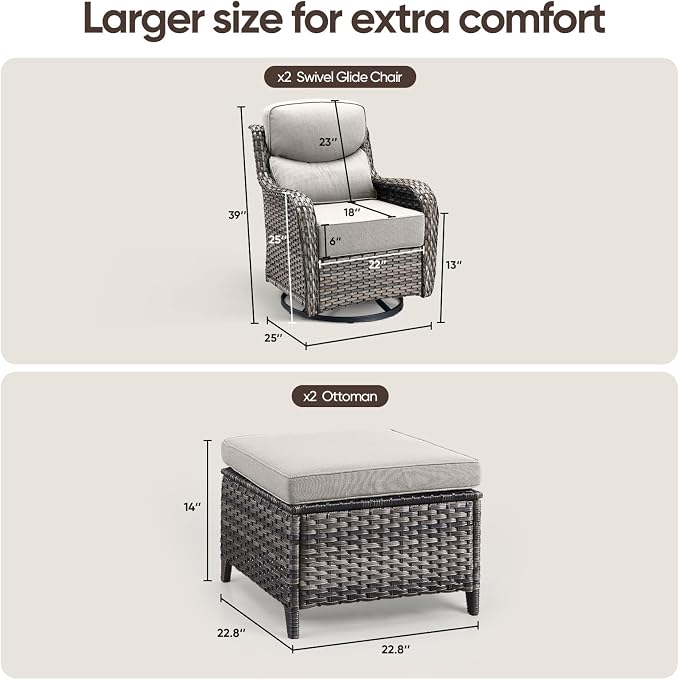 Swivel Patio Chairs sofa Set of 4 with 6" Thick Cushion - Wicker Outdoor Swivel Rocker Patio Chair with Side Table, High Back Comfortable Outdoor Glider Chairs - Grey Wicker | Beige Cushions