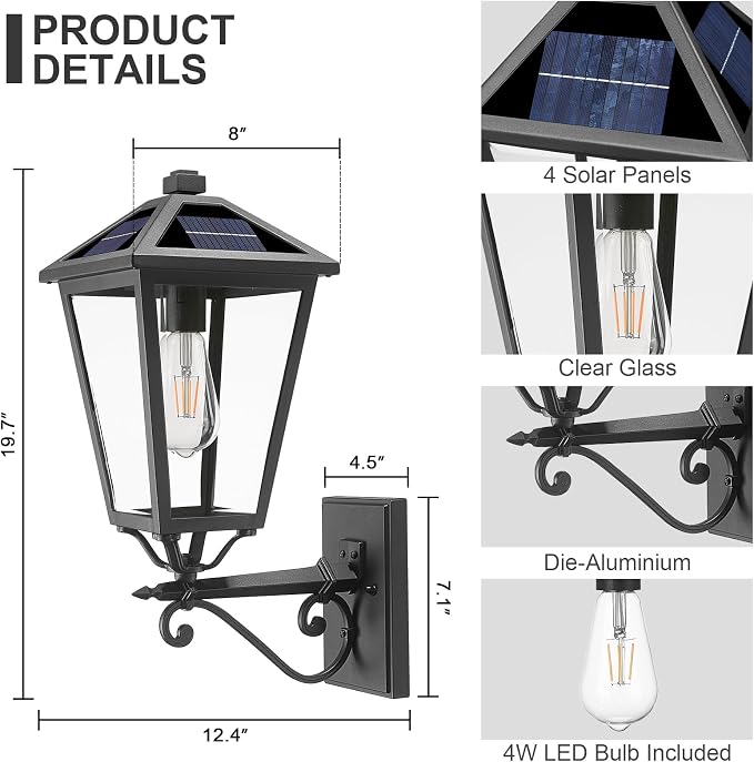 Solar Outdoor Wall Light, 20'' Vintage Lantern-Style Sconce with Remote Control, Alluminum Matte Black Weatherproof Exterior Lighting Front Porch Lights for House Garage Doorway Patio