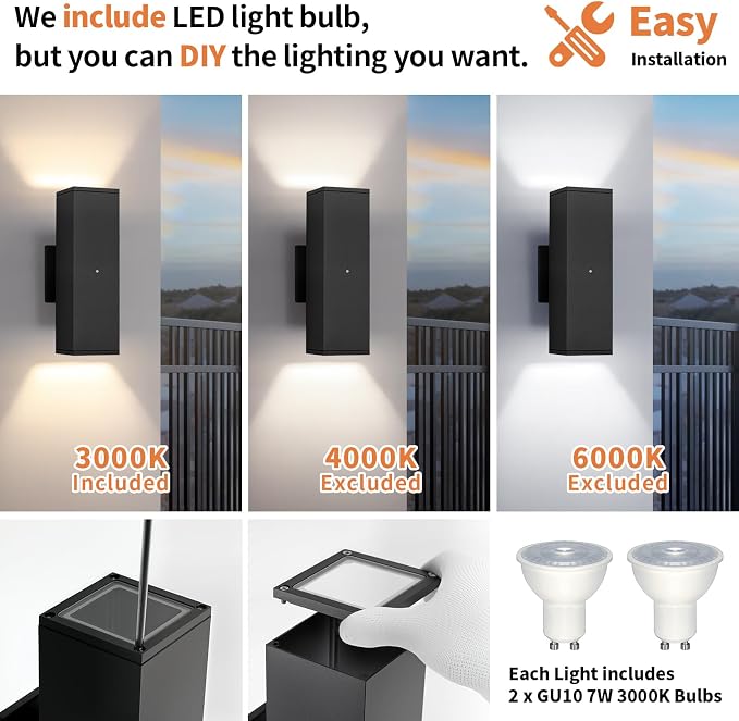 Dusk to Dawn Outdoor Lighting, LED Square Up and Down Outdoor Sconce Lights, Matte Black Exterior Lighting Fixtures with 7W LED Bulbs, Front Porch Lights for house, Garage, Patio, Doorway 6 Pack
