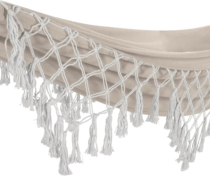 Bliss Hammocks BH-400FR Hammock in a Bag with Fringe, Cotton, Portable, Supports up to 250-Pounds for Camping, Hiking and Outdoors, Natural