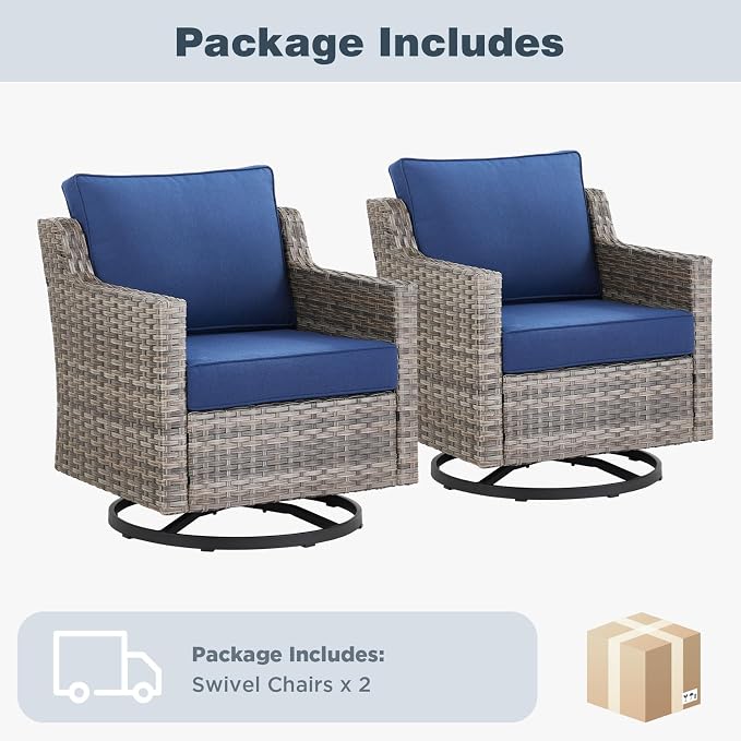 Belord Patio Wicker Swivel Rocker Patio Chairs, Outdoor Rattan Chairs for Deck Porch Garden, 2 Piece Luxury Patio Furniture Set, Blue