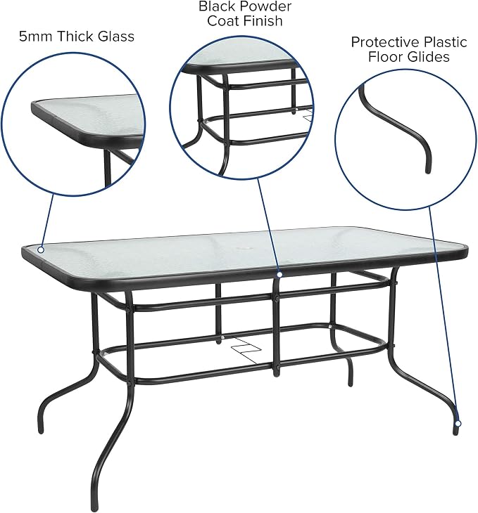 BOWERY HILL Rectangular Glass Patio Table, Clear Top Black Powder-Coated Metal Frame, 55" x 31.5", 5mm Tempered Glass, Indoor/Outdoor Dining Table for Commercial or Residential Use