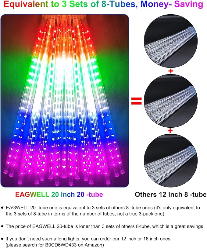Christmas Rain Lights 12 Modes Automatic Changing 20" 20 Tubes | Waterproof Meteor Shower Light Cascading Rain Lights Outdoor Xmas Decor for House, Yard, Wedding, Party