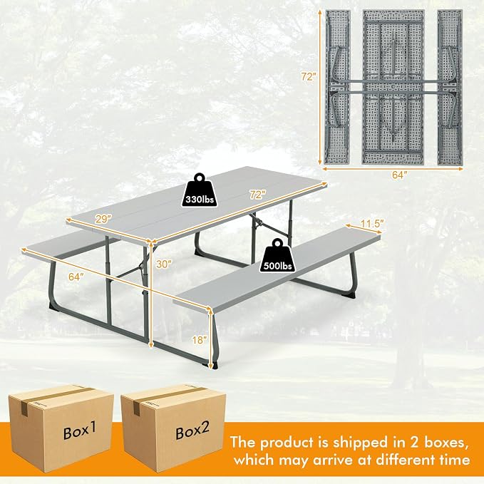 Tangkula 6 Ft Folding Picnic Table, Outdoor 8 Person Large Picnic Table Set with 2 Built-in Benches, Umbrella Hole, Metal Frame & HDPE Tabletop for Garden, Backyard (Grey)