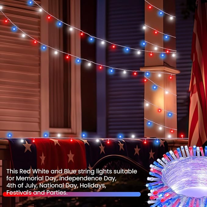2 Pack 100LED Red White and Blue Lights Battery Operated, Fairy Lights | 33FT 4th of July String Lights with Timer, 8 Modes Waterproof Patriotic Twinkle Light Outdoor for Independence & Memorial Day