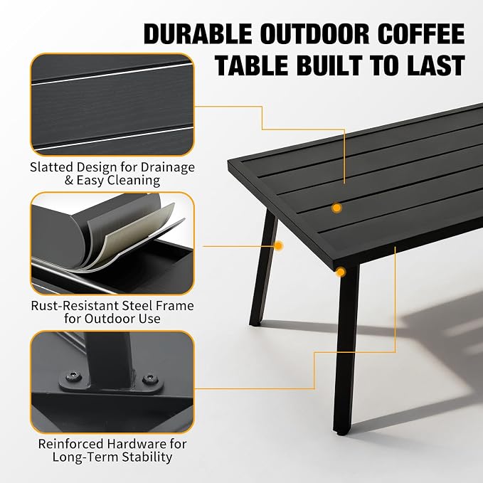 EAGLE PEAK Patio Coffee Table, Weather-Resistant Outdoor Rectangle Table for Balcony, Porch, Deck, or Garden, Modern Design, 35.4" x 17.7" x 15"