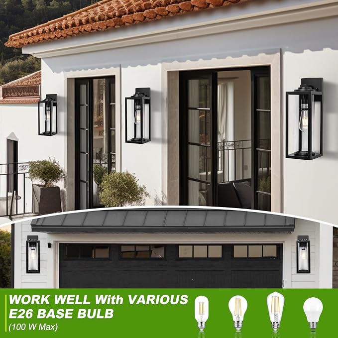 FILIYANO Large Outdoor Wall Lights, 16 Inch,Modern Exterior Fixtures,2 Pack | Anti-Rust, Waterproof, Black Exterior Lantern with Clear Glass, Farmhouse Wall Lighting Sconces for Garage, Porch, Front Door
