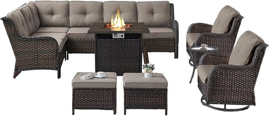 Belord Patio Furniture Set with Fire Pit Table,8 Piece Wicker Outdoor Furniture Set, Swivel Rocker Chairs with Ottomans and Sectional Couch, All Weather Patio Conversation Set,Brown Wicker/Gray
