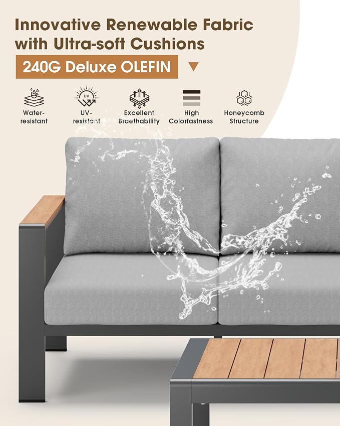 Aluminum Outdoor Patio Furniture Set, 11 Seats Patio Conversation Sets, Oversized Outdoor Sectional with Washable Thick Cushions & Coffee Table for Backyard, Garden and Poolside, Gray