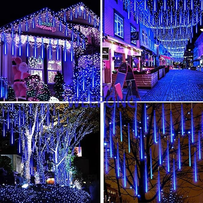 Weepong Christmas Lights Outdoor 32 Tubes 768LEDs Meteor Shower Lights Blue | UL Certified Snow Falling Rain Drop Icicle String Light for Xmas Tree Halloween Decorations Wedding Party Garden Decor
