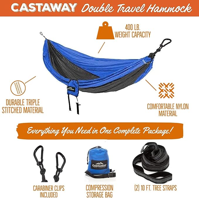Hammock in a Bottle By Castaway Living, Blue/Black Double Camping Hammock with 2 Tree Straps, 32 oz. Bottle, Triple Stitched Durable Nylon Material, Compact Design for Travel, Backyard, 400 Lbs.