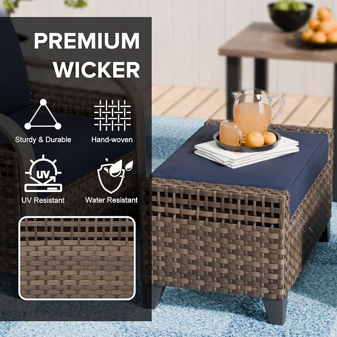 COOS BAY Modern Wicker Outdoor Furniture Set, 3 Piece Patio Conversation Set with a 3 Seat Couch and 2 Ottomans, 3 Piece, Brown/Blue