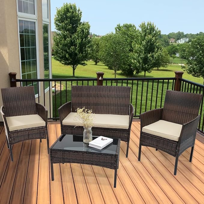 Zanzio Patio Furniture Set, 4 Pieces Porch Backyard Garden Outdoor Furniture Rattan Chairs and Table Wicker Conversation Set with Beige Cushions, Black-Brown