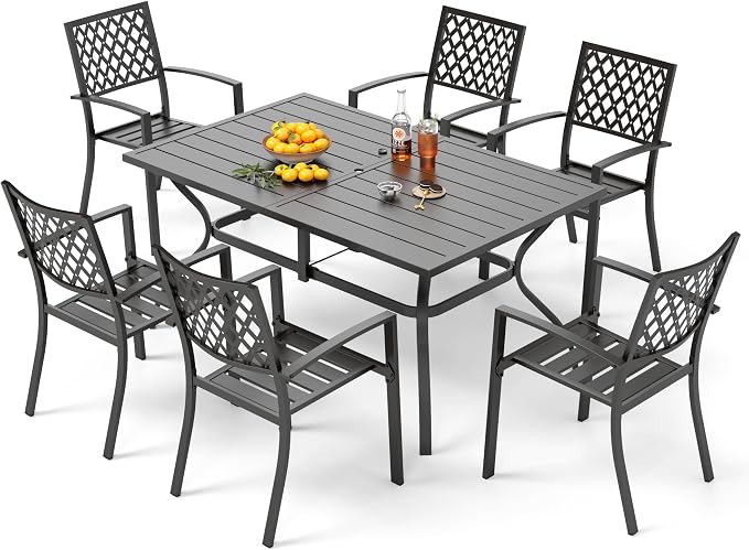 PHI VILLA Patio Dining Set for 6, Stackable Chairs& Rectangular Table | 60" Rectangular Metal Table& Stackable Black Wrought Iron Chairs,Large Outside Furniture for Patio,Deck,Backyard,Porch