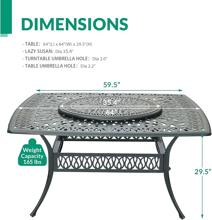 VIVIJASON Outdoor 64" Patio Dining Table for 8 Person, Large Patio Square Dining Table with 35.4" Lazy Susan, Dark Bronze Cast Aluminum Rustic Patio Table W/Umbrella Hole for Balcony, Porch and Deck
